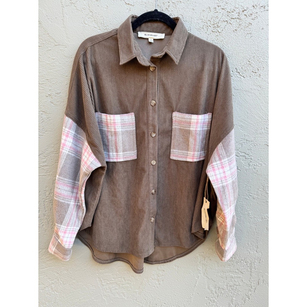 Blue Velvet NEW Womens Corduroy Plaid Flannel Buttons Sweater Cottage Shacket